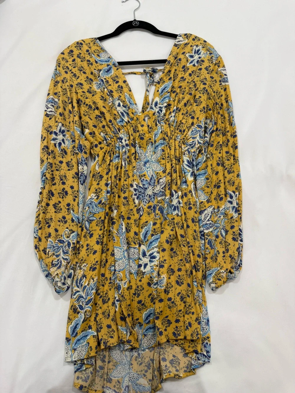 Free People Yellow Floral V-Neck Smocked Waist Mini Dress